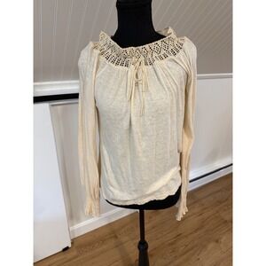 Ralph Lauren Cream Linen Cotton Crochet Neck Peasant Top Smocked Cuff Medium